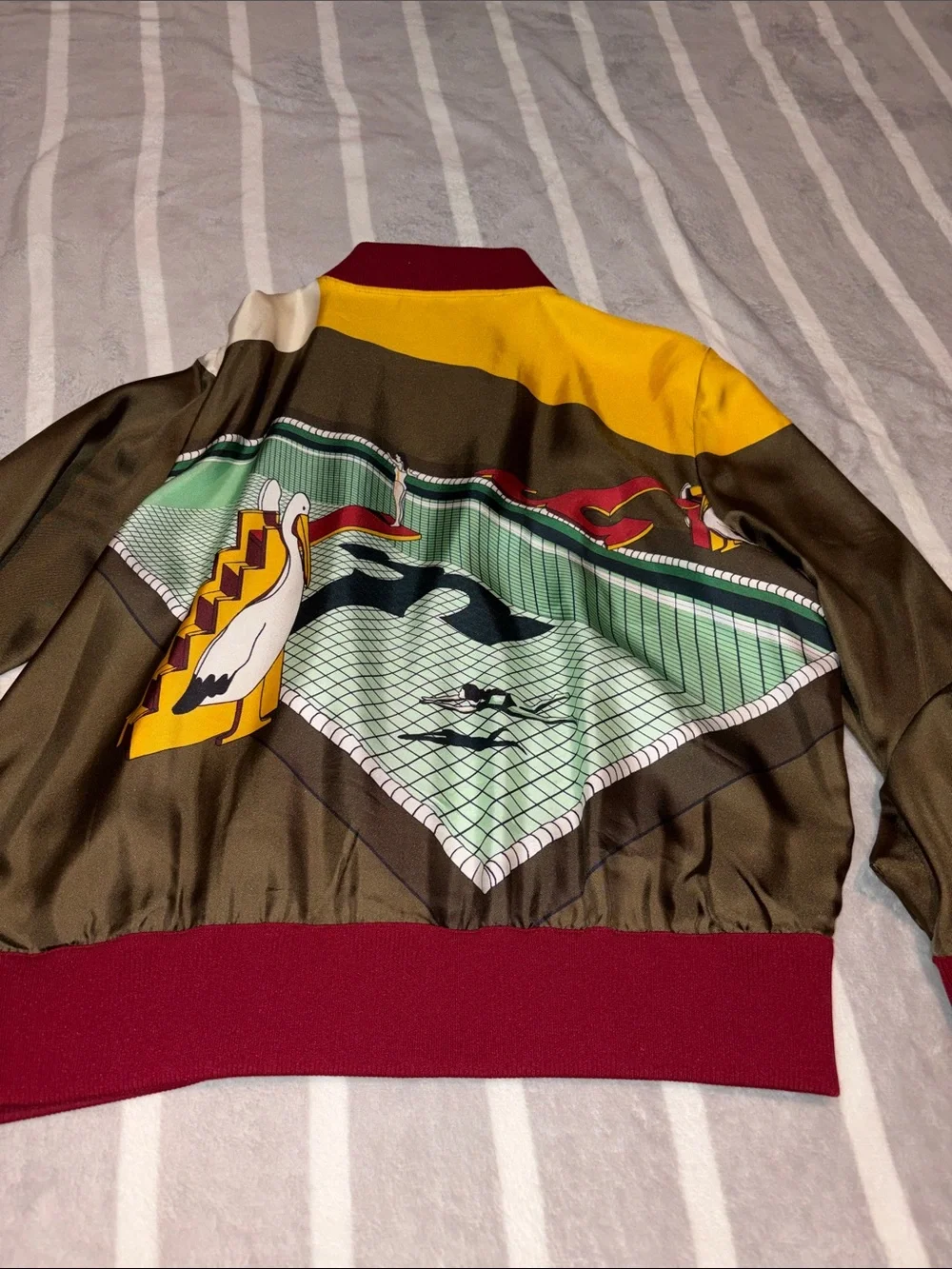 Tory Burch Olive and Maroon Graphic Bomber Jacket with Yellow Accents